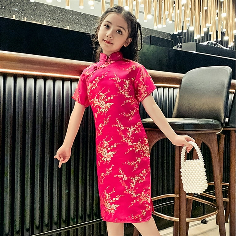 Mercatoo Girls Chinese Floral Cheongsam Dress Elegant Chinese Traditional Short Sleeve Dress Cute Slim Qipao Dresses
