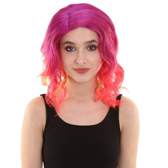 HPO Adult Women's Red Color Wavy Shoulder Length Trendy Sunset Soiree Halloween Wig