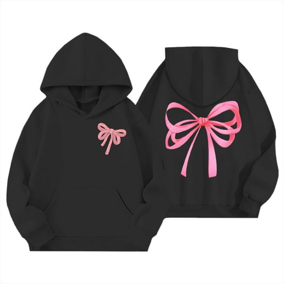 DHFJKG Girls Hoodies Toddlers Child Bow Print Loose Fit Long Sleeve Hooded Sweatshirt Cute Pullover Relaxed Fit Tops
