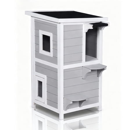 Outdoor Cat House 2-Story with Escape Door, Feral Cat Shelter Weatherproof for Outside, Openable Waterproof Roof, Large Window, 2 Platforms, Wooden Cat Enclosure for Pets 31.80" (Grey)