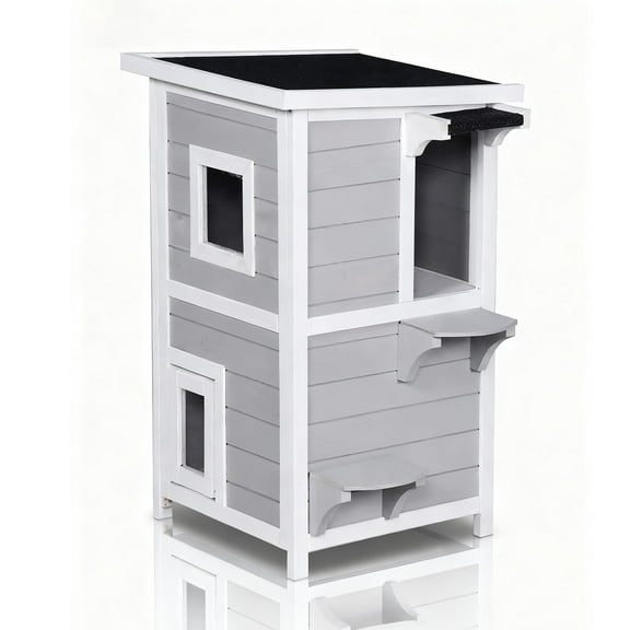 Outdoor Cat House 2-Story with Escape Door, Feral Cat Shelter Weatherproof for Outside, Openable Waterproof Roof, Large Window, 2 Platforms, Wooden Cat Enclosure for Pets 31.80" (Grey)