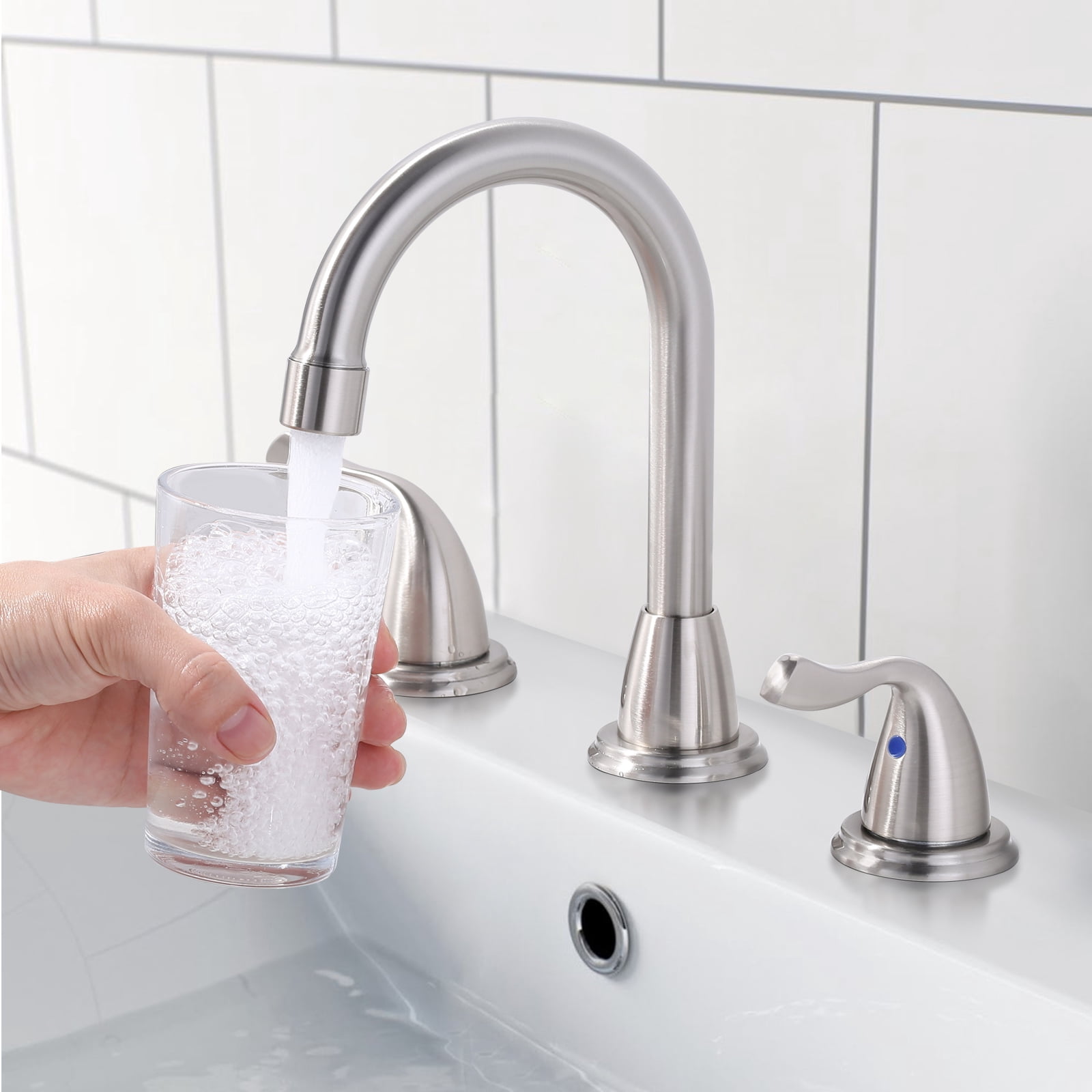 Brushed Nickel Bathroom Faucet 3 Hole, WOWOW 8 Inch Widespread Bathroom Faucet with Pop Up Drain, 2 Handles Bathroom Sink Faucet with cUPC Supply Lines Modern Faucet for Bathroom Sink