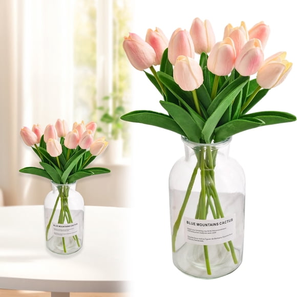 Hgoty 10 Real-Touch PU Tulips + Glass Vase Set - Complete Spring Bouquet Gift for Mother's Day, Weddings & Home Decor