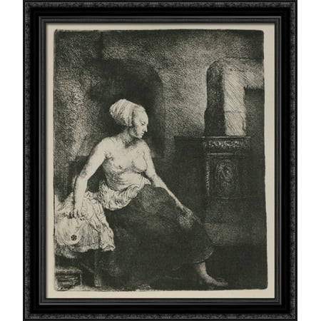A Woman Seated Before a Dutch Stove 28x32 Large Black Ornate Wood Framed Canvas Art by