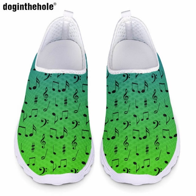 Gradient Color Musical Notation Pattern Print Casual Flat Shoes for Ladies Summer Comfort Breathable Mesh Shoes Slip On Sneakers