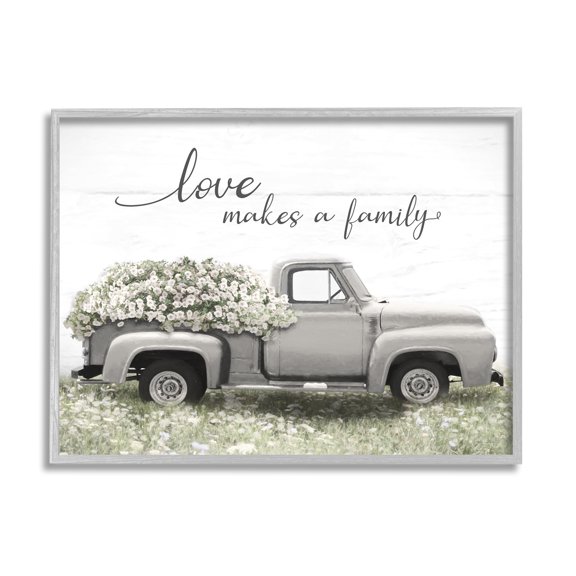 Stupell Industries Love Makes Family Flower Blossom Filled Truck Graphic Art Gray Framed Art Print Wall Art, Design by Lori Deiter