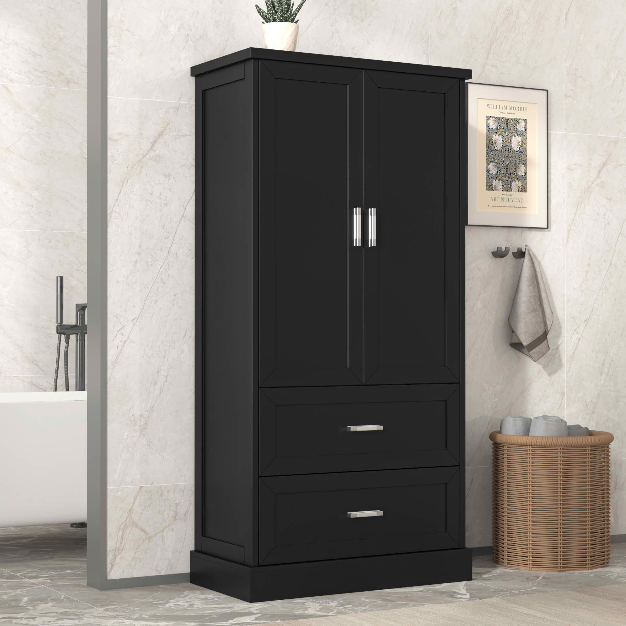 MAYEERTY Tall Bathroom Cabinet 2 Doors Drawers Adjustable Shelf MDF Black