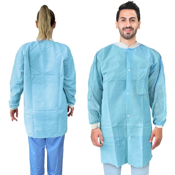 Disposable Lab Jackets SPP Material Light Blue 100 count 3X-Large 32 in Long with Snap Front