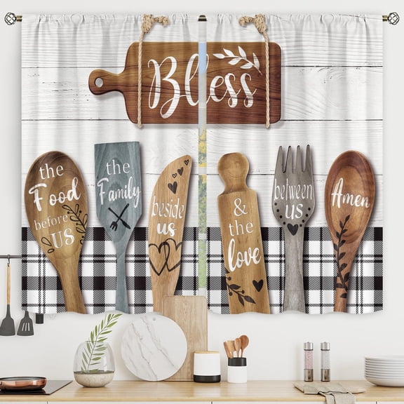 Rustic Kitchen Curtains Small Short Farmhouse Country Buffalo Plaid Wooden Plank Rod Pocket Funny Quotes Black White Vintage Bedroom Living Room Treatment Fabric 2 Panels 27.5Wx39H Inch