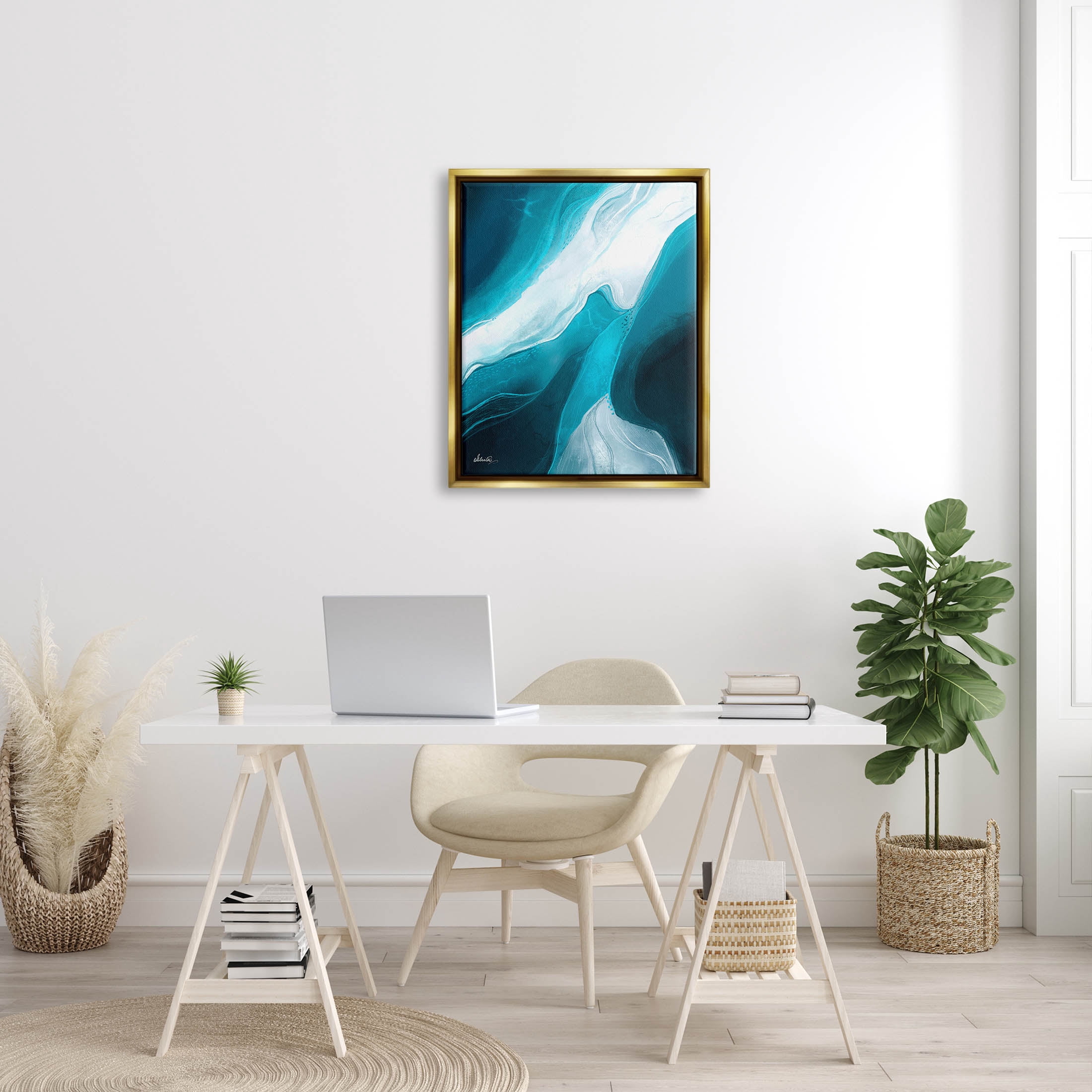 Fluid Blue Shapes Arrangement Abstract Graphic Art Metallic Gold Framed Art Print Wall Art