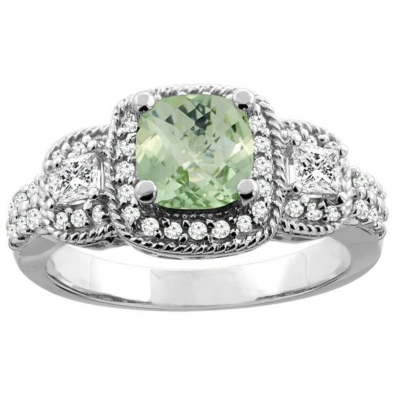 14K White Gold Natural Green Amethyst Ring Cushion-cut 6x6 mm Diamond Accent, size 8.5