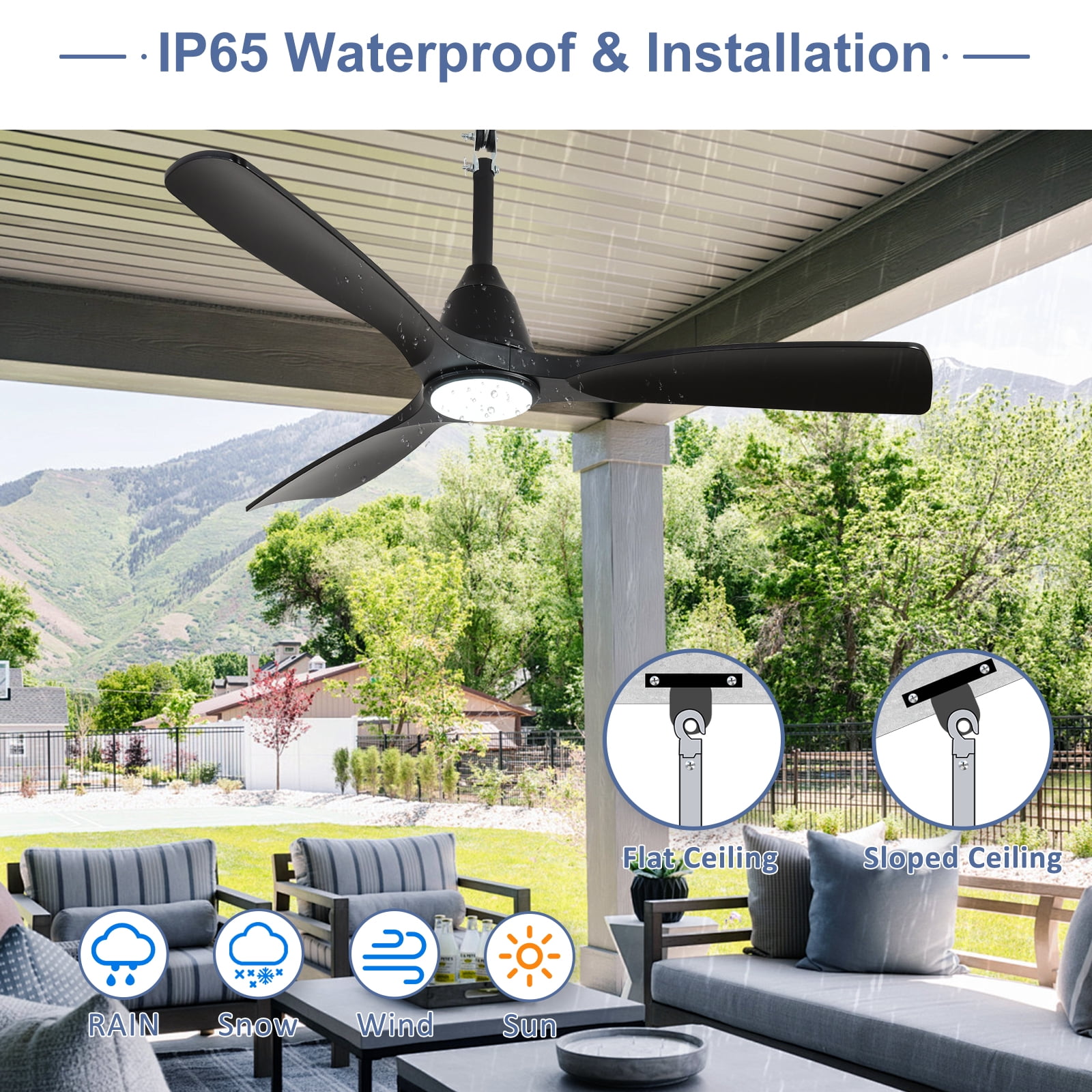 Depuley 42-Inch Waterproof Ceiling Fan with Light - Plug-in Hanging Fan Remote & App Control, 3CCT LED for Gazebo & Patio, Black Blades