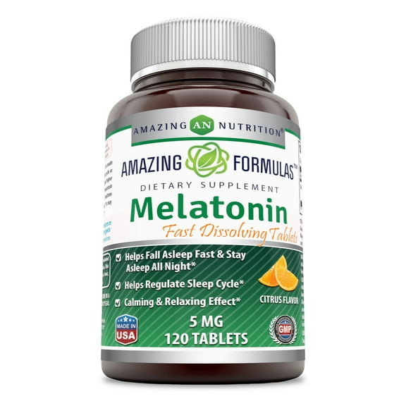 Amazing Formulas Melatonin Quick Dissolve5 Mg (120 Tablets, Citrus) (Non-GMO,Gluten Free)Helps Fall Asleep Fast & Stays Asleep all Night - Helps Regulate Sleep Cycle - Calming & Relaxing Effect