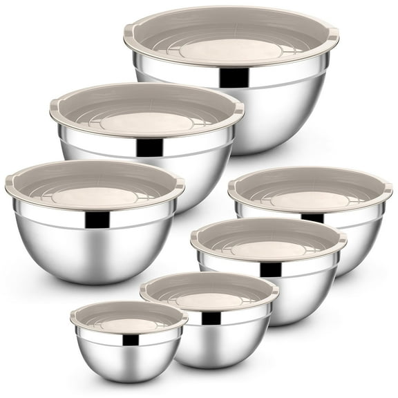 Vesteel 7 PCS Stainless Steel Mixing Bowls, Metal Nesting Salad Bowls with Lids, 4.5/3.5/3/2.5/1.5/1.2/0.7 QT - Khaki
