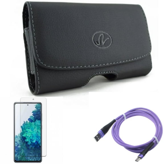 Case Belt Clip & Screen Protector & 10ft USB Cable for Samsung Galaxy S20 Fan Edition - Leather Swivel   Anti-Glare Tempered Glass   Purple Type-C Combo