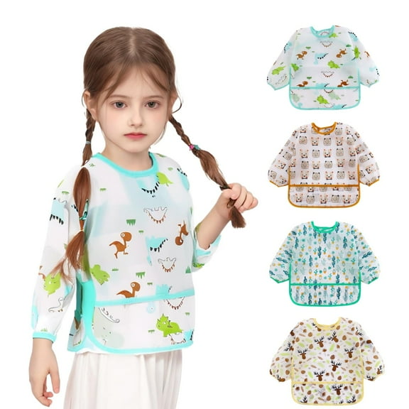4 Pack Long Sleeve Bibs For Baby Cartoon Print Toddler Soft Bibs Newborn Boys Girls Care
