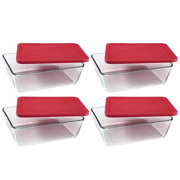 Pyrex (4) 7212 11-Cup Glass Dishes & (4) 7212-PC Red Plastic Lids
