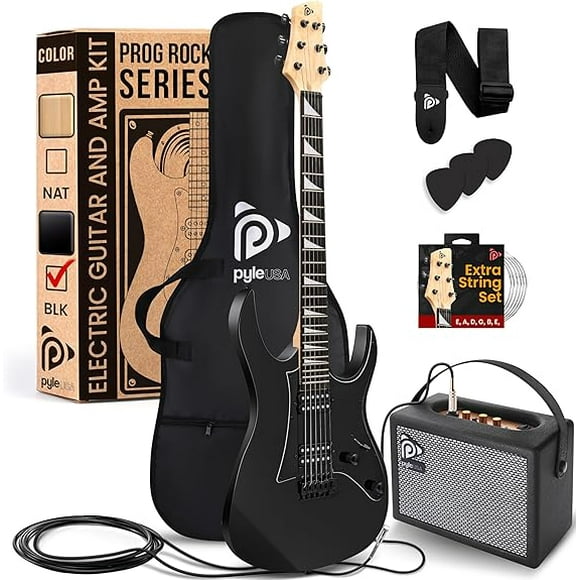 Pyle Prog Rock EG Series Electric Guitar with Amp Kit, 39" Full Size with Dual Humbucker Pickups, Low Profile Neck and Solid Paulownia Body, Premium Accessory Kit Included (Black Matte)