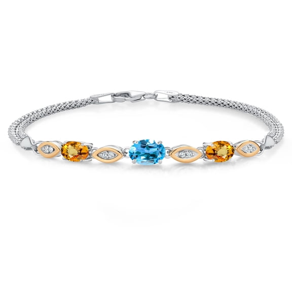 925 Silver and 10K Yellow Gold Swiss Blue Topaz and Yellow Sapphire and White Lab Grown Diamond Bracelet for Women (2.29 Cttw, Gemstone November Birthstone, Oval, Wheat Chain, 7 inches)