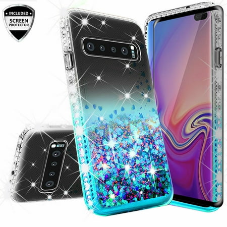 Wydan Case For Samsung Galaxy S10E, S10 Lite - Glitter Hybrid Shockproof Liquid Quicksand Bling Phone Cover w/ Screen Protector - Teal