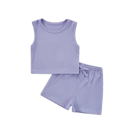 

Suanret Toddlers Infants Kid Girl Summer Clothes Set Solid Color Knit Ribbed Sleeveless Round Neck Vest Elastic Waist Shorts Purple 1-2 Years