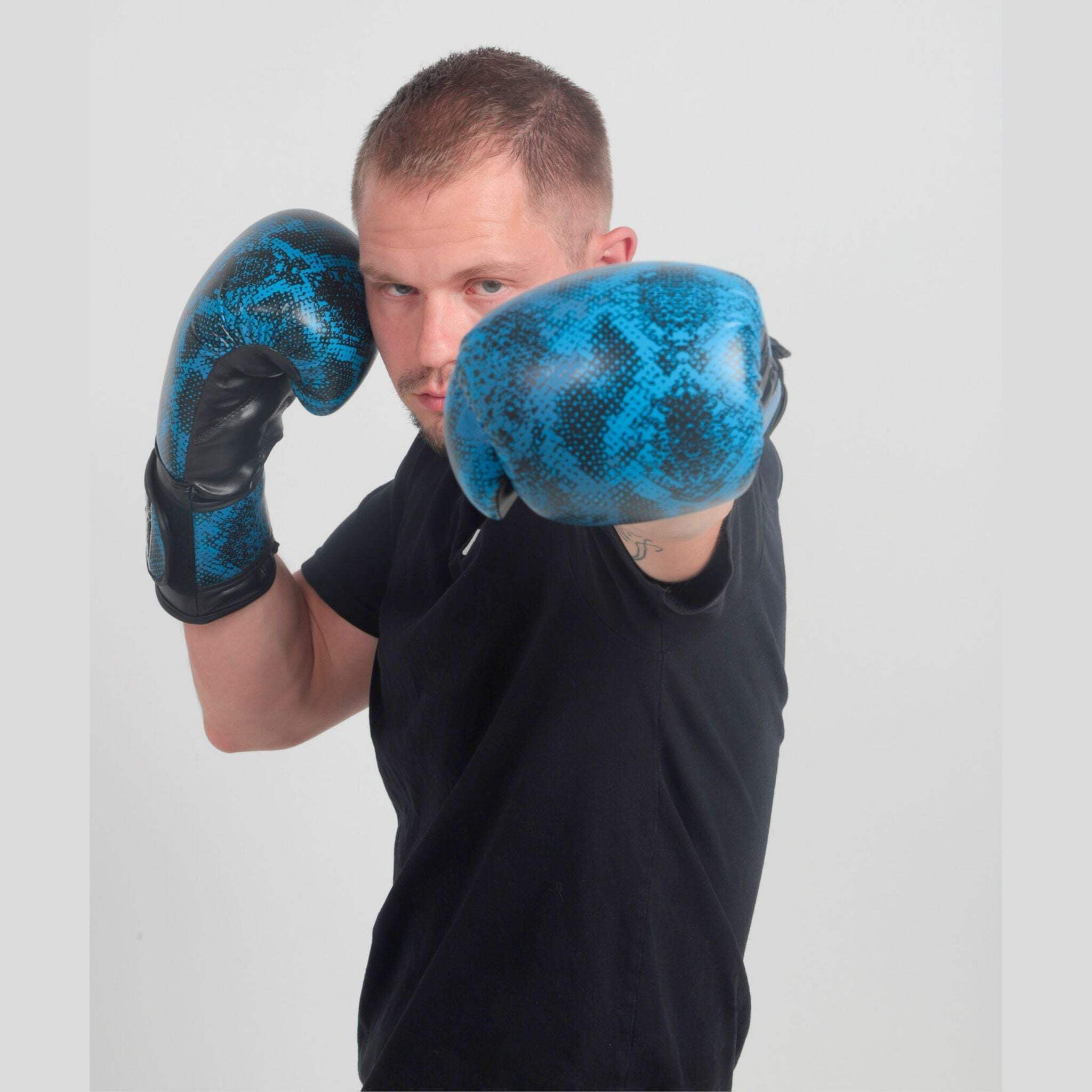 StoneStrikeGear Boxing Gloves – 12oz, Unisex, Synthetic Leather Training Gloves for Boxing, Sparring, & Bag Work – Medusas Blue Gaze