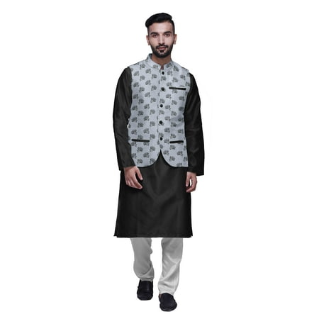 

Atasi Kurta Solid Churidar Pajama & Printed Nehru Jacket Set For Mens Party Wear
