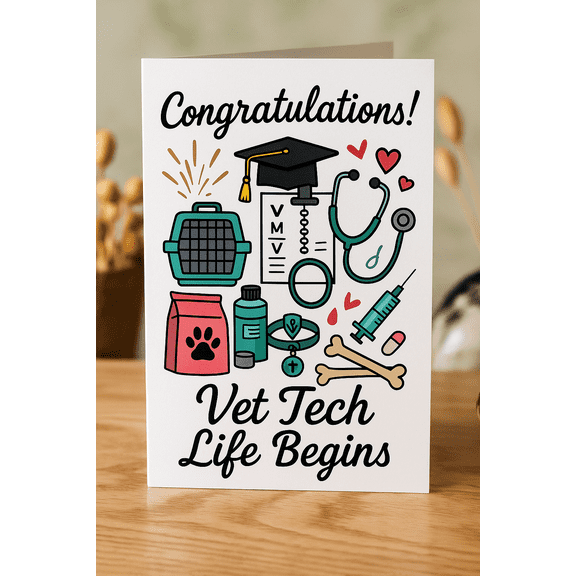 Congratulations Vet Tech Graduation Card – "Vet Tech Life Begins" Design – Perfect for Celebrating New Veterinary Technicians – Blank Inside, Includes Envelope