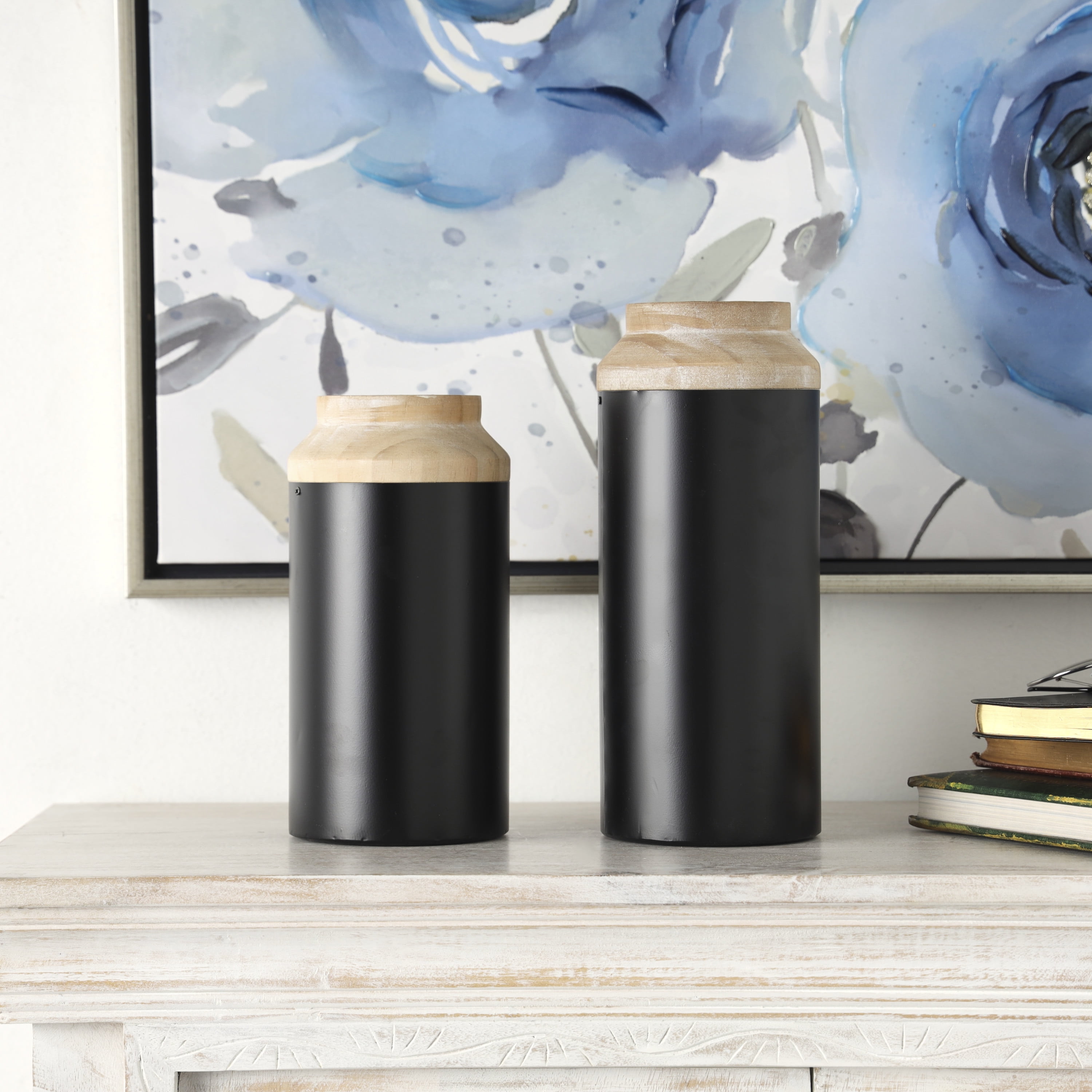 DecMode 12", 10"H Colorblock Black Wood Vase with Light Brown Wood Tops, Set of 2