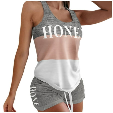 

Qcmgmg Women Letter Print Sleepwear Pj Sets Loungewear Pjs Two-piece Tank Shorts Set Pajamas Set M