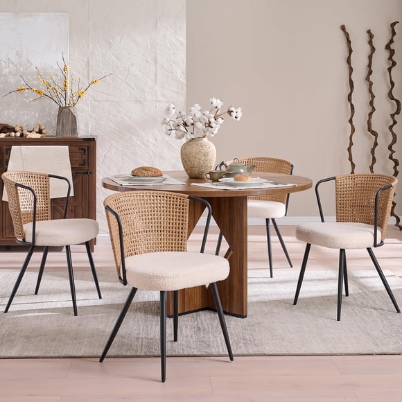 Sillas de comedor BedSpick, juego de 4 unidades de ratán con cojín en forma de bucles, color marrón