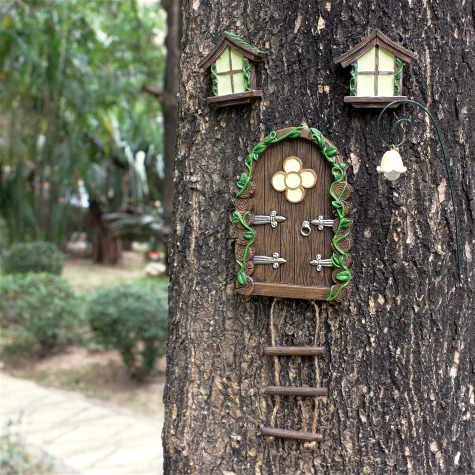 Fairy Door for Trees Miniature Fairy Garden with Fairy Lamp Glow in Dark Yard Art Sculptures Home Indoor Outdoor