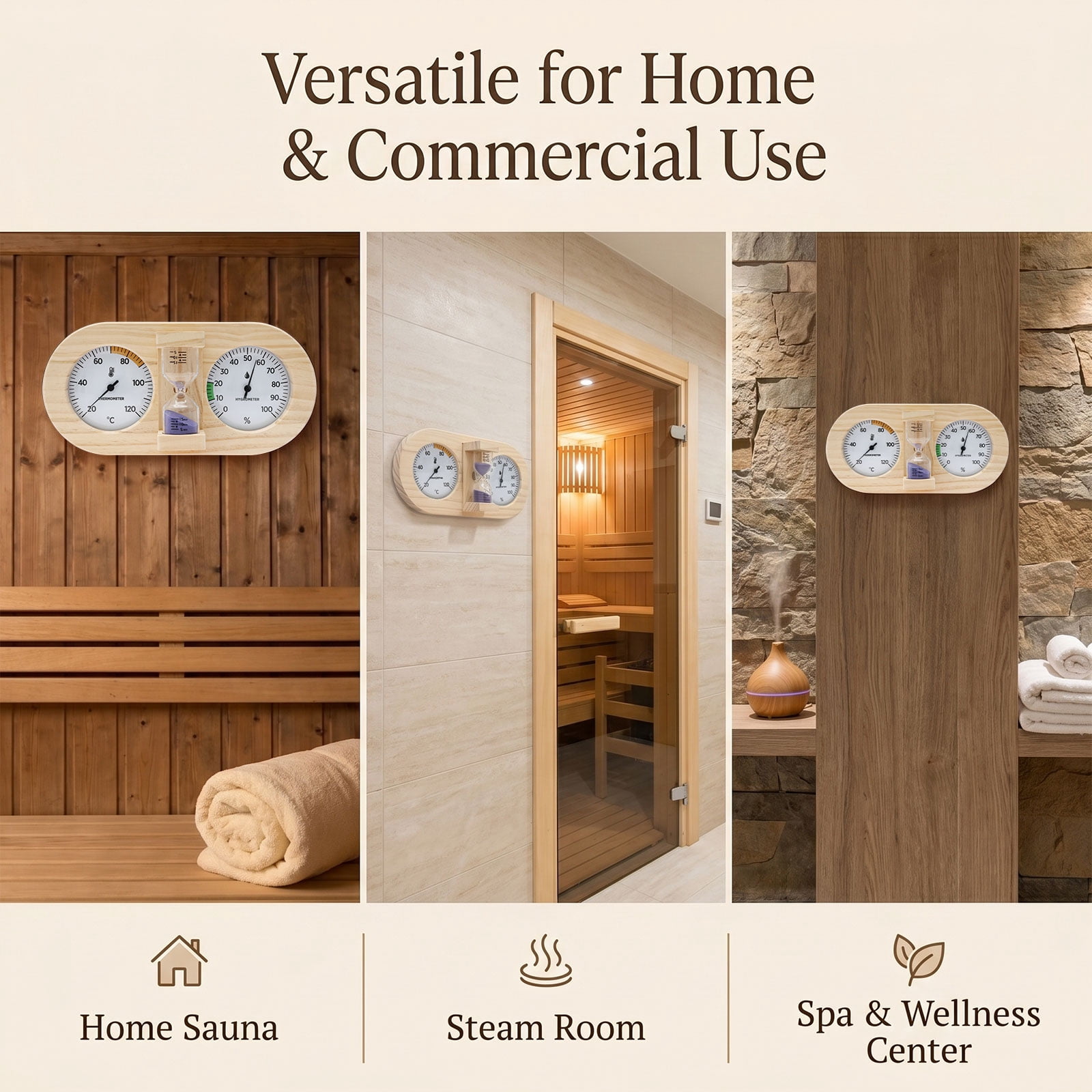 Xdziklosj Wooden Sauna Thermometer Hygrometer with 15 Minute Hourglass Timer Wall Mount Sauna Temperature Gauge for Home and Commercial Use