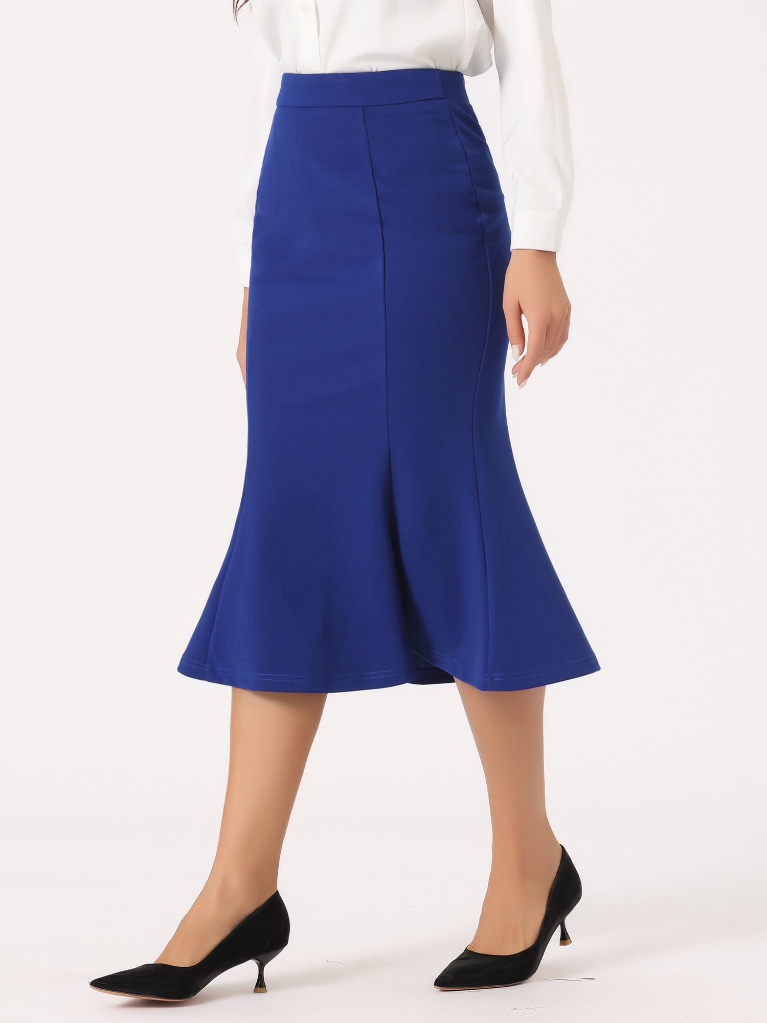 DARING DIVA Women's Bodycon High Waist Ruffle Hem Fishtail Midi Skirt L Royal Blue