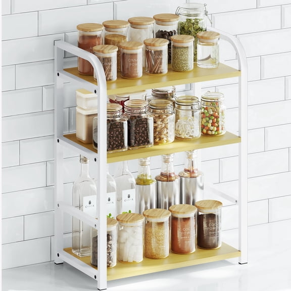 3 Tier Kitchen Spice Rack for Countertop, Wood Coffee Counter Shelf Organizer for Home, Kitchen Counter Shelves (White Light walnut)