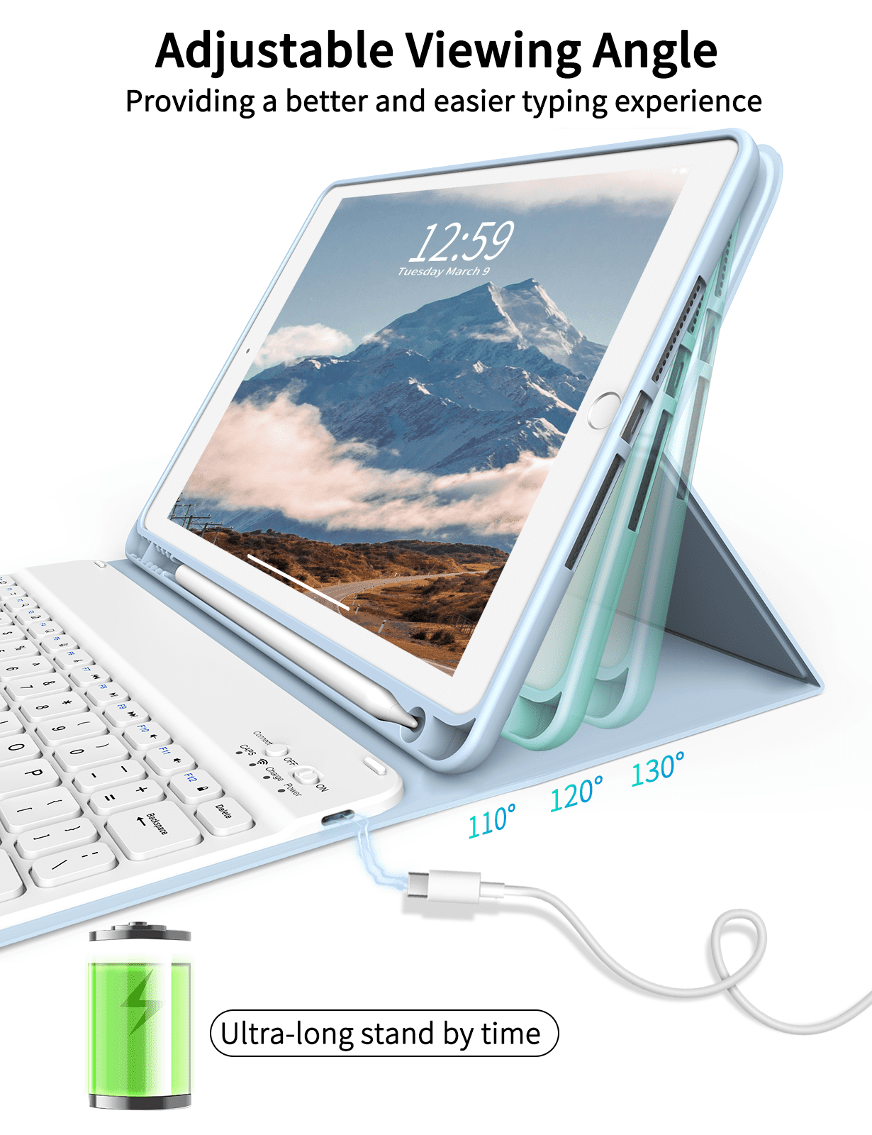 Aoub Keyboard Case for iPad 6th / 5th Generation 2018/2017 9.7 Inch, iPad Air / Air 2, Magnetic Detachable Wireless Bluetooth Folio Stand Rechargeable Keyboard Cover with Pencil Holder, Blue