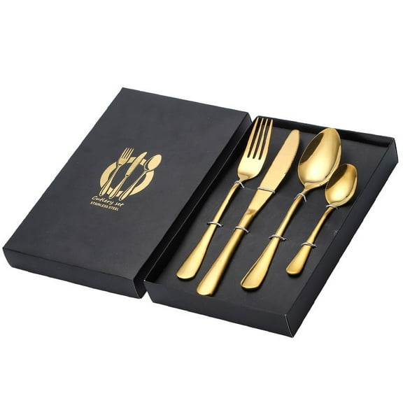 4 PCS Gold Cutlery Set Hammered Handle Stainless Steel Spoon, Fork, Knife, Fork And Spoon Cutlery Four-piece Set, Gift Box, Gift Set