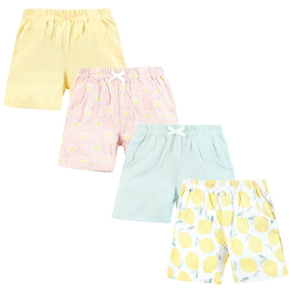 Hudson Baby Infant Girls Shorts Bottoms 4-Pack, Lemon Daisy, 0-3 Months