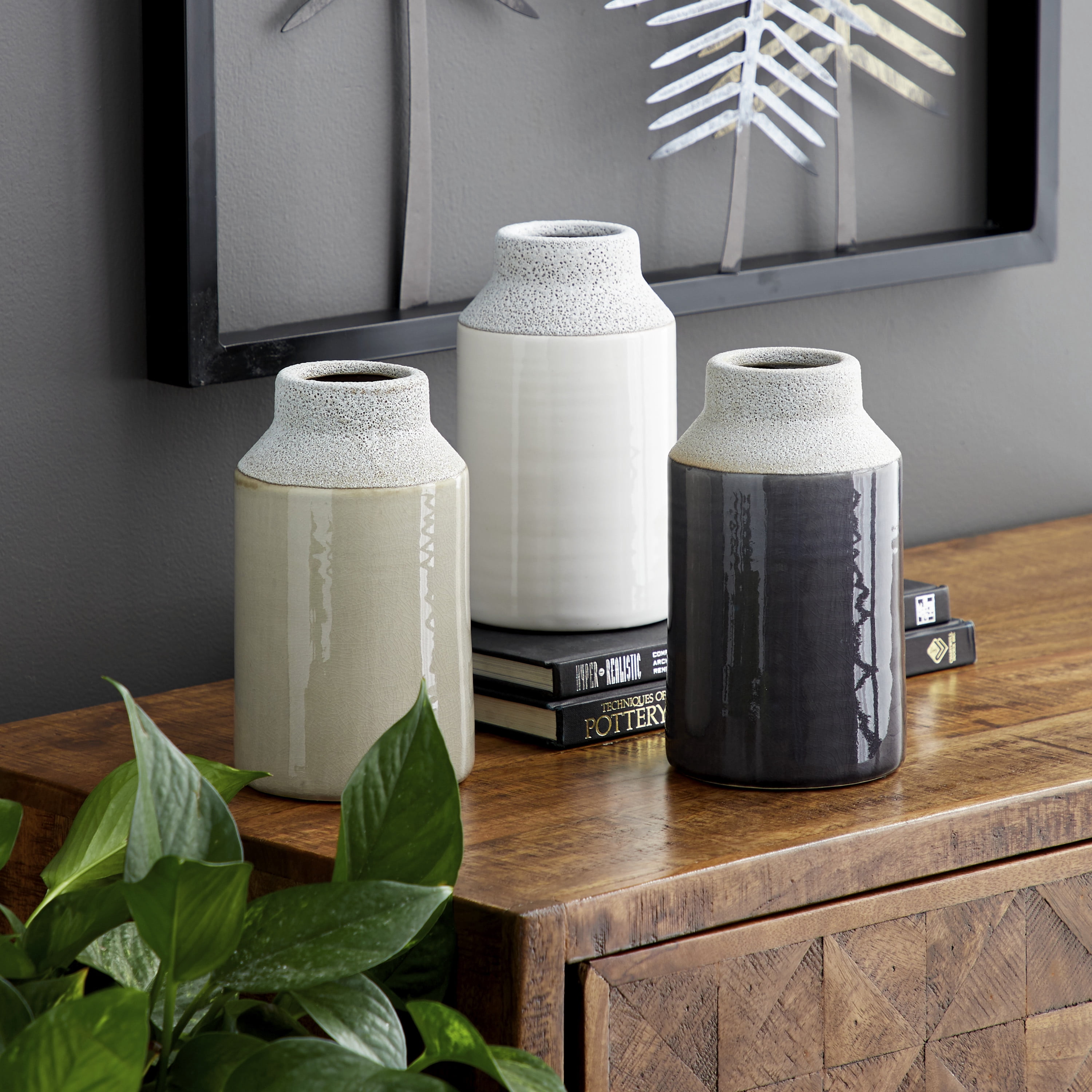 DecMode Ceramic Earthy, Coastal ,Minimalist, Neutral Vase Set of 3 5"W, 8"H, Matte and Textured Glaze Finish, in White, Beige and Charcoal Gray