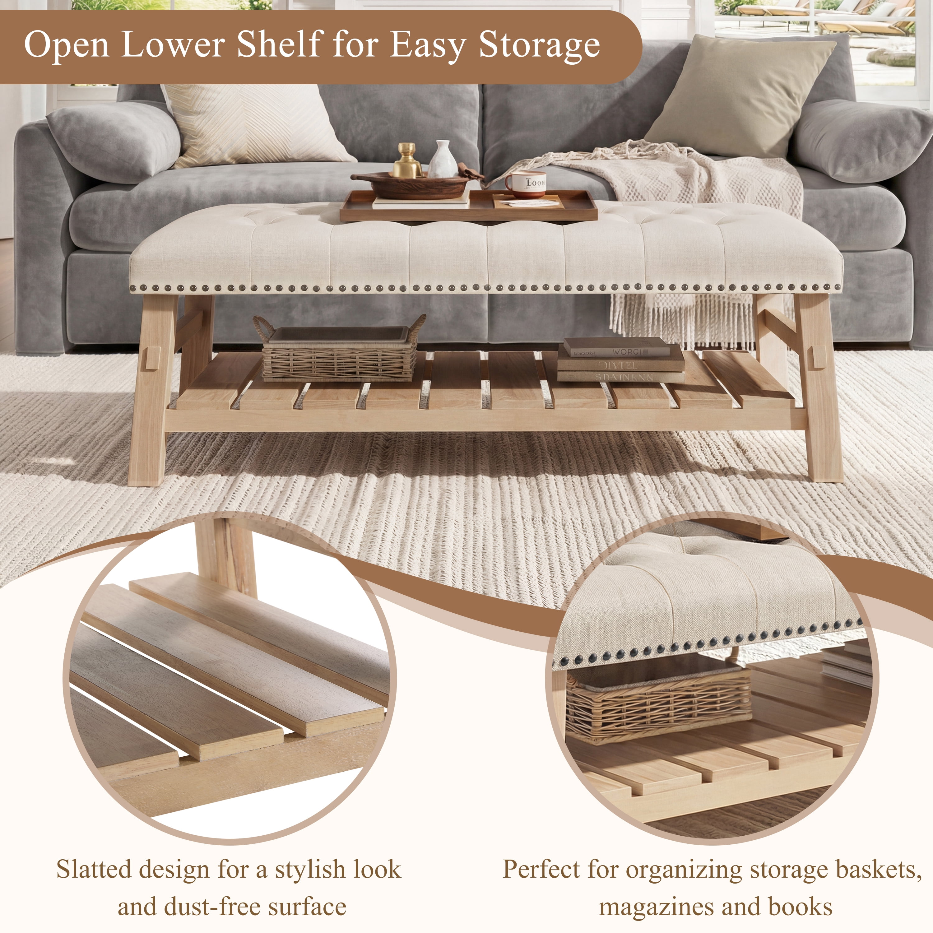 Euroco Large Rectangle Ottoman Coffee Table,Tufted Upholstered Footrest Ottoman with Shelf Storage,Nailhead Trim & Solid Wood Legs for Bedroom Living Room,Beige
