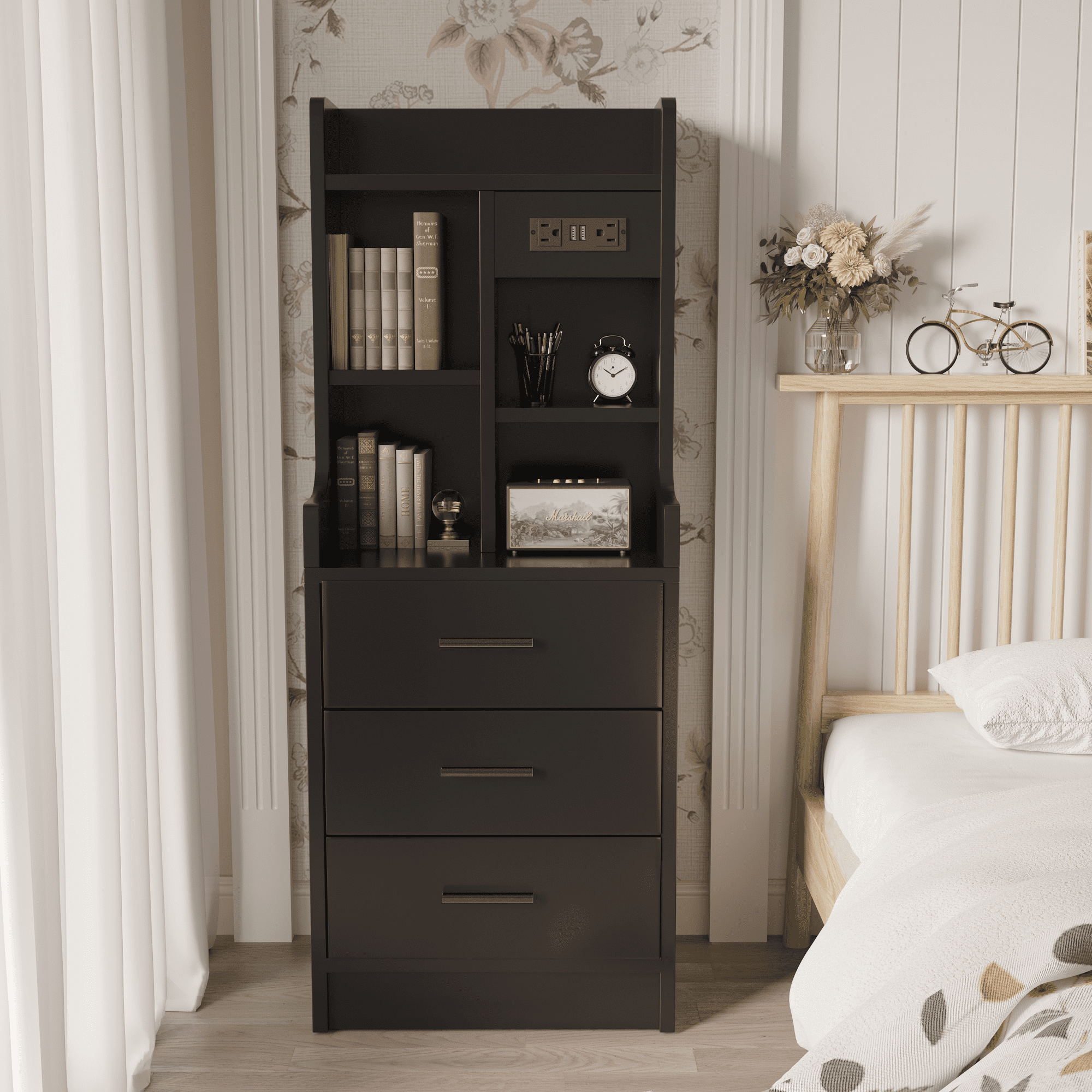 Devoko Nightstand with Charging Station and Hutch,Nightstand with 3