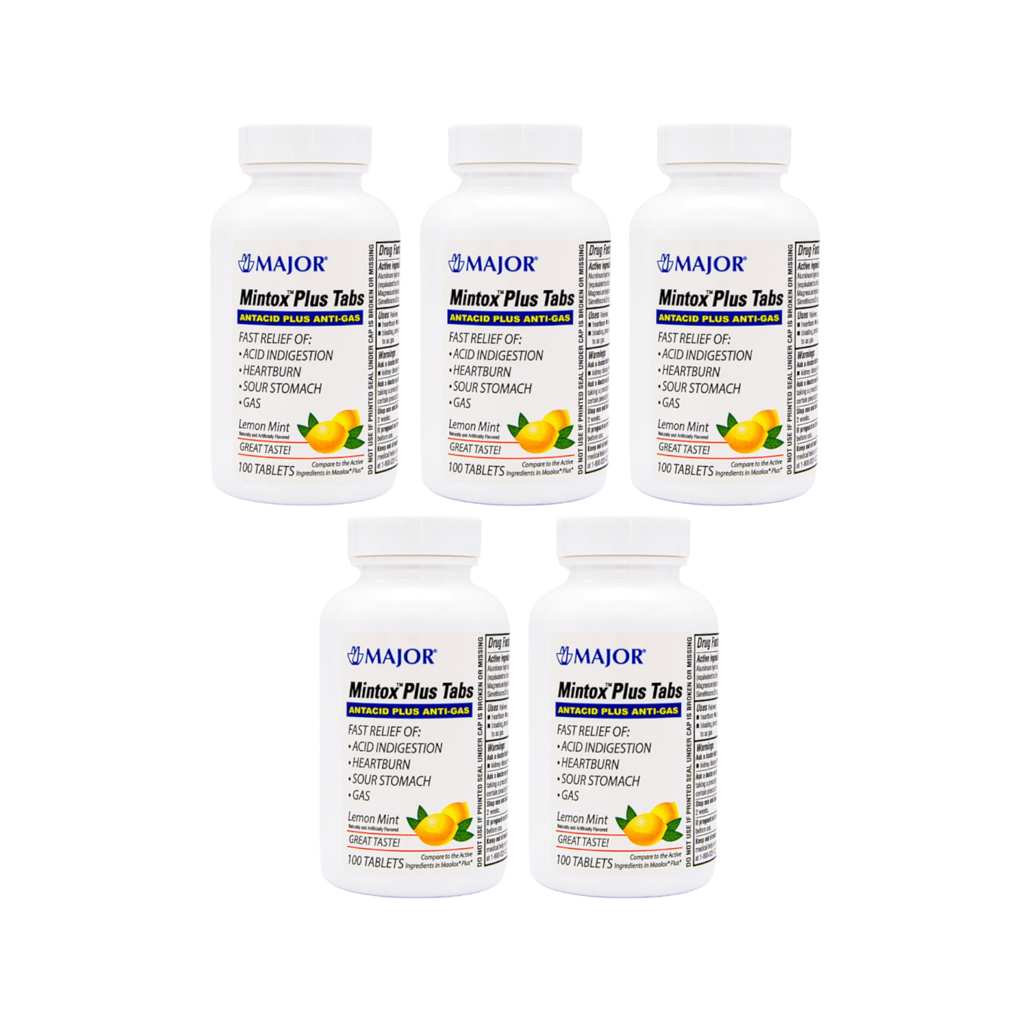 Major Mintox Plus Antacid Plus Anti-Gas Tabs, Lemon Mint, 100 Count - Pack of 5