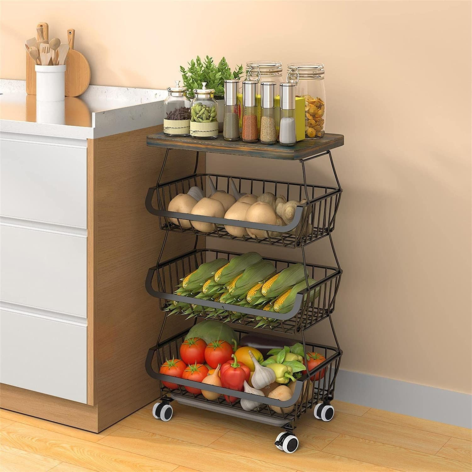 Werseon 6-Tier Fruit Vegetable Rack, Stackable Rolling Cart with Solid  Wood, Kitchen Storage Rack