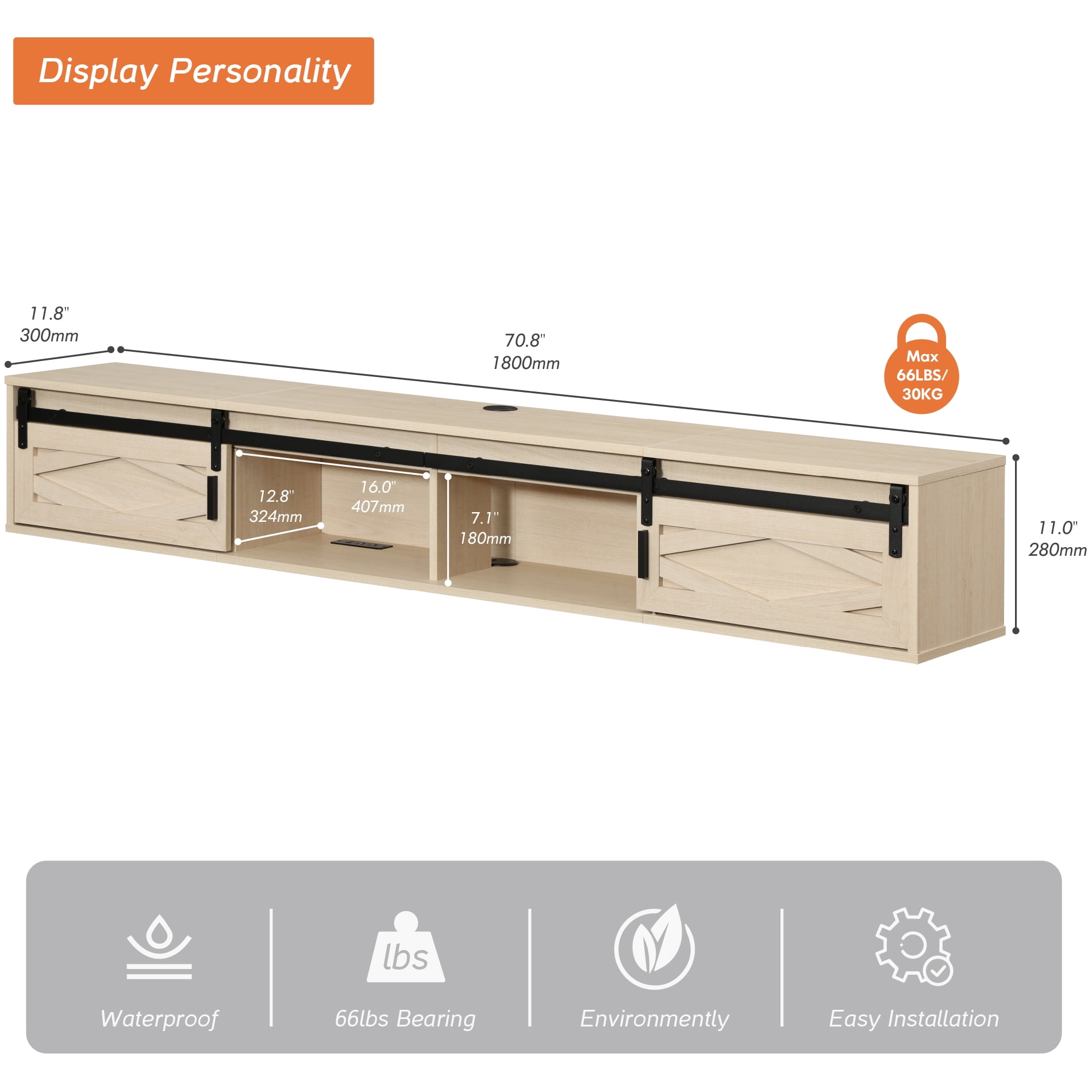 Sliding Barn Door Floating TV Stand with Charging Station，Oak