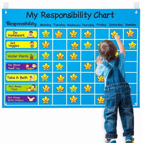 Belanttega My Responsibility Chart Felt Board Wall Hanging Chore 80Pcs Good Behavior Felt Pieces for Reward Learning Behavior Habit Formation Table