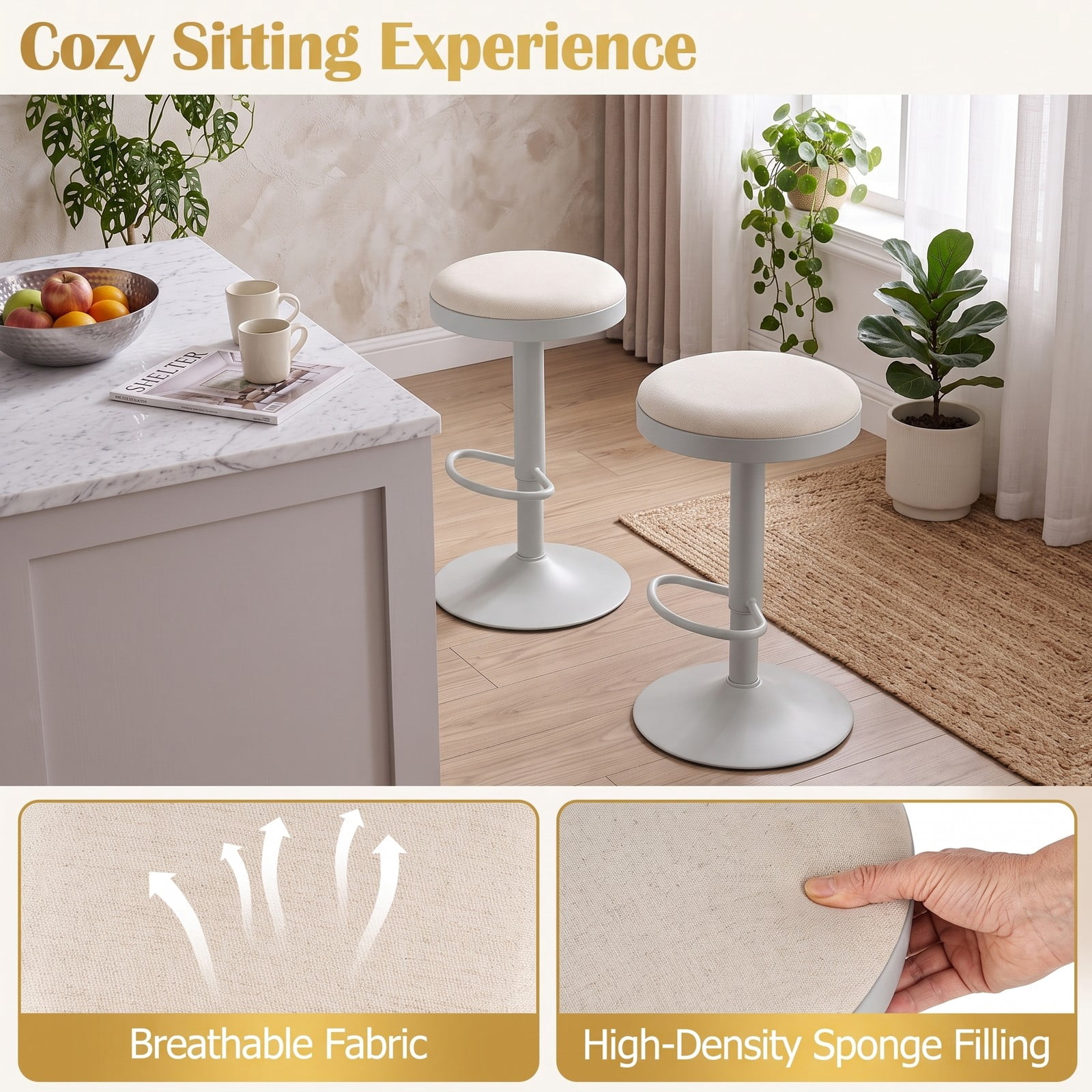 Furnibear Set of 2 Counter Height Bar Stools, Adjustable 360 Swivel Stools with Padded Breathable Seat, D-Shaped Footrest for Kitchen Island and Bar, 330 lb, Gray