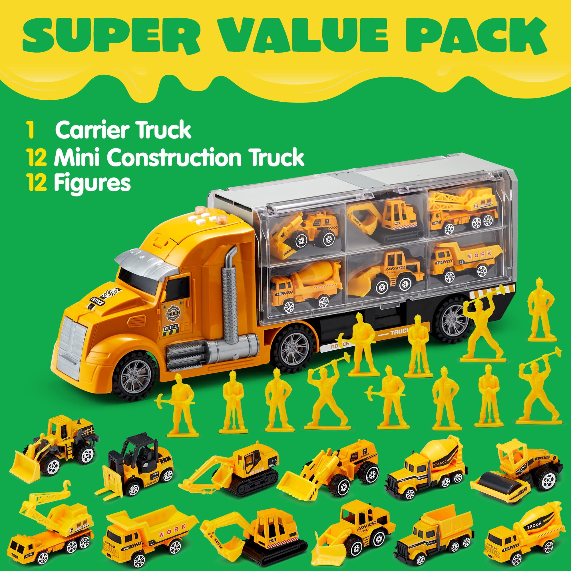 Joyfy 25 in 1 Die-cast Construction Big Truck Toys,Car Transporter Storage Truck with Sounds and Lights, Great Christmas Birthday Gifts for Toddlers Kids Boys & Girls