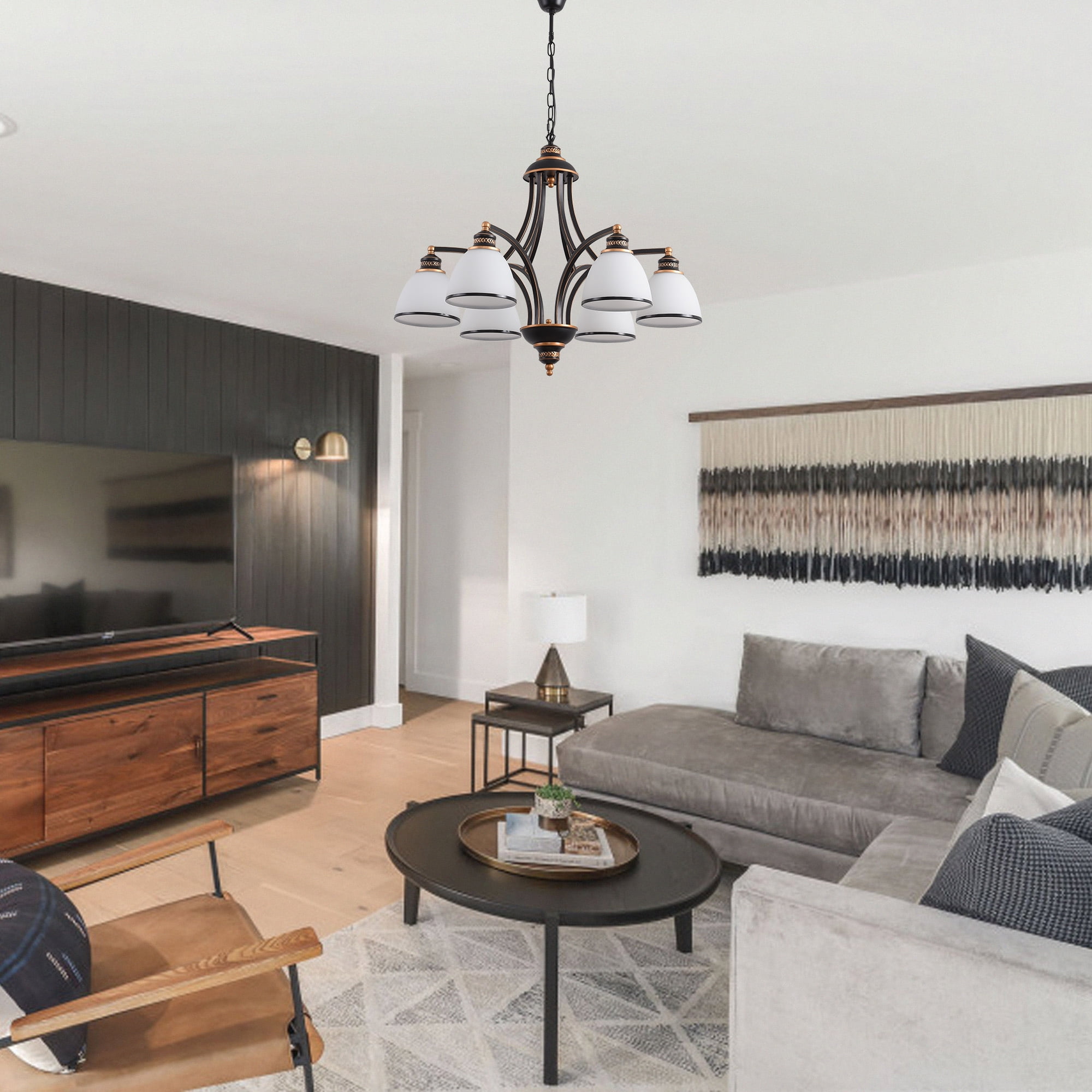 6-Light Glass Shades Chandelier，Bronze Modern Light Fixtures Ceiling Hanging Rustic Pendant Lighting for Dining Room Foyer Bedroom Living Room