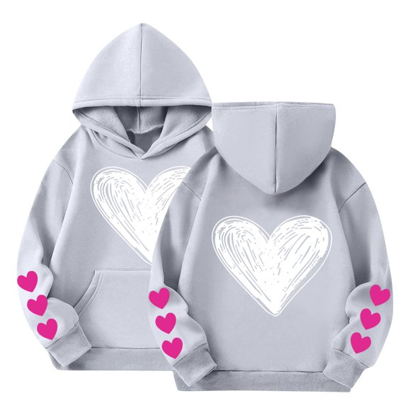 UACY Girls Valentine Oversized Cute Heart Print Hoodie Teen Casual Fleece Long Sleeve Sweatshirt Fall Winter School Trendy Clothes Kids Boys (Grey, 4-5 years)