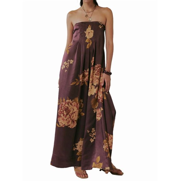 Women'S Floral Maxi Dress Sleeveless Backless A-Line Long Flowing Dress Hollow Back Spaghetti Strap Sundress Brown L